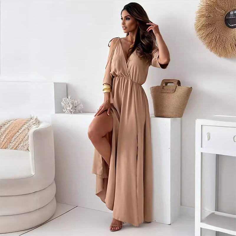 💯Elegantes, sexy Kleid mit V-Ausschnitt und Seitenschlitz für Damen