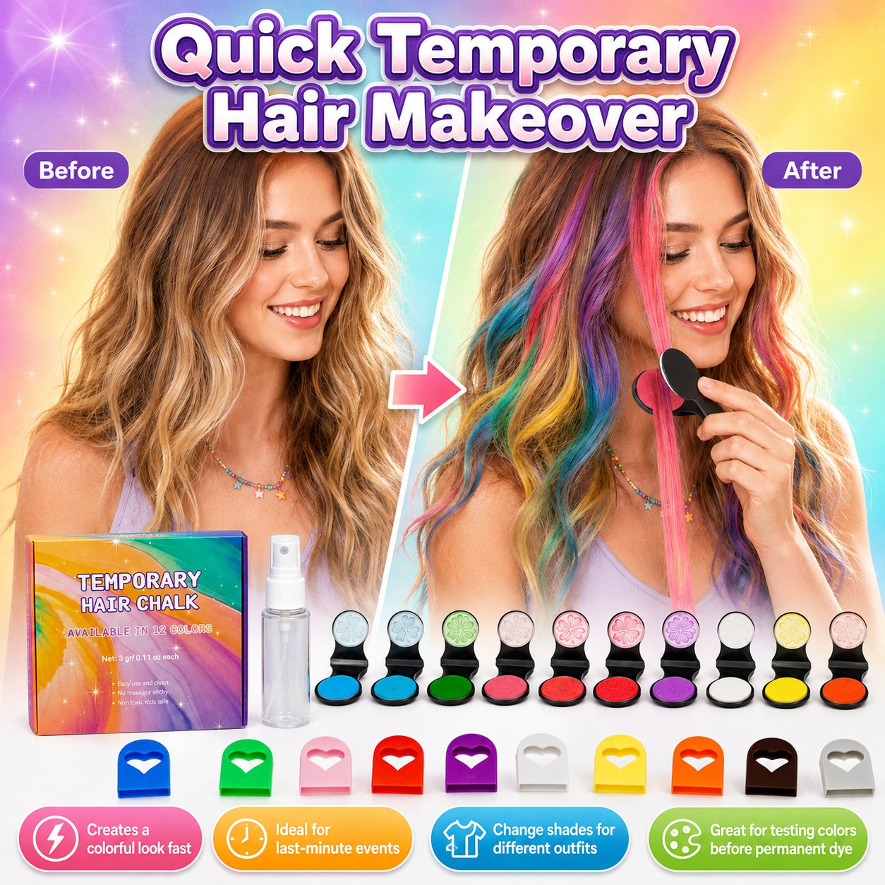 🔥Letzter Tag: 50 % Rabatt!🌈 12-Farben-Set für temporäre Haarkreide mit Applikator