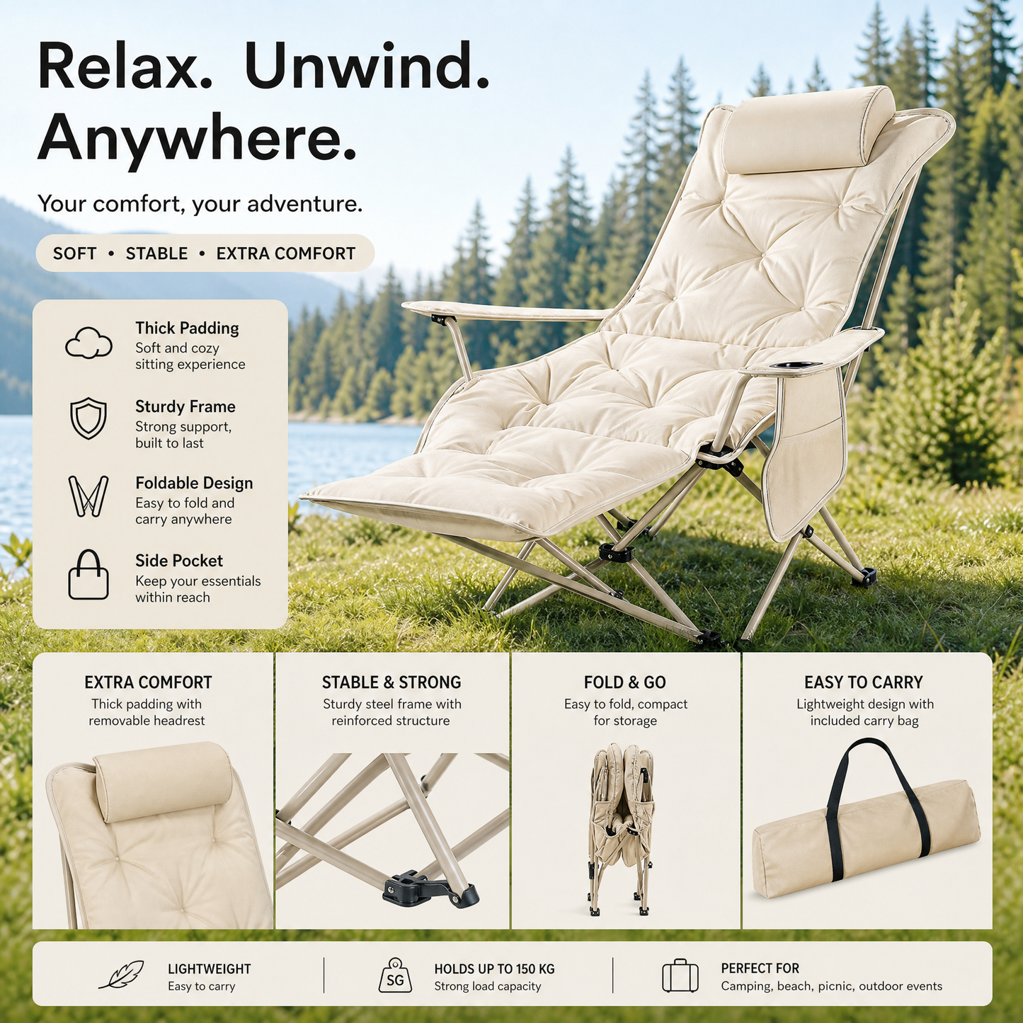 🪑  Tragbarer verstellbarer Klappstuhl für Außenbereich – Leicht, stabil & vielseitig – Ideal für Garten, Camping, Strand oder Terrasse – einfacher Transport und Aufbau 🏕️✨