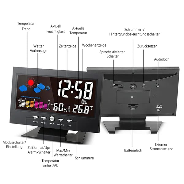 ⏰LETZTER TAG VERKAUF 50% RABATT✨Digitaler LED-Temperatur- und Luftfeuchtigkeitsmonitor, Wettervorhersage, LED-Tischwecker