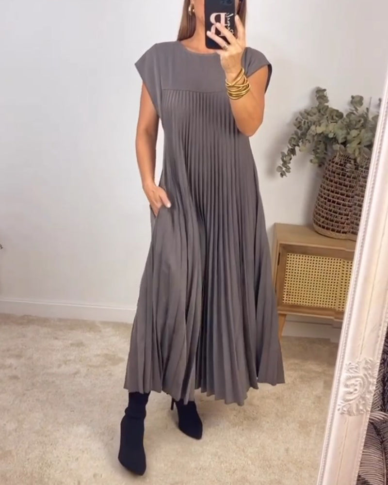 🔥HOT SALE🔥Damen plissiertes einfaches einfarbiges Kleid