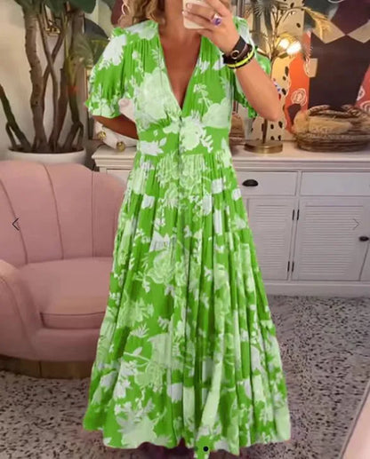 🔥Heißer Sommerschlussverkauf mit kostenlosem Versand💃 Lässiges Maxikleid mit V-Ausschnitt und Blumenmuster