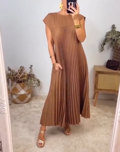 🔥HOT SALE🔥Damen plissiertes einfaches einfarbiges Kleid