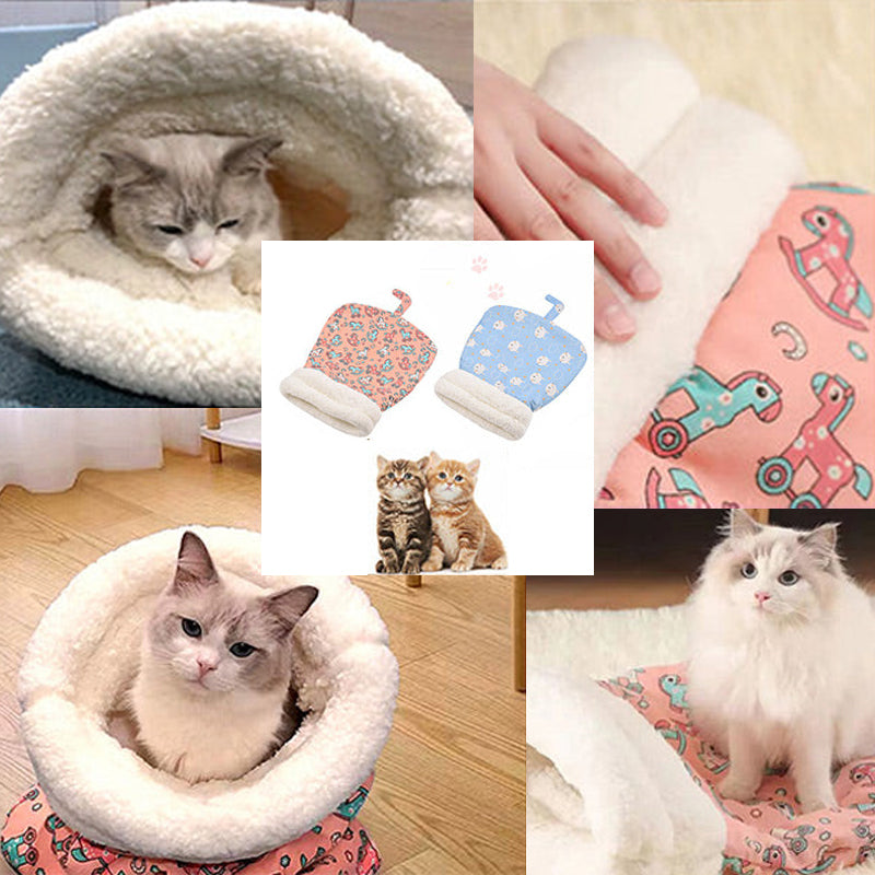 ⏳Zeitlich begrenztes Angebot⏳ Flauschiger Katzen-Winterschlafsack – halb geschlossene Kuschelhöhle mit Cartoon-Muster, Rosa oder Blau