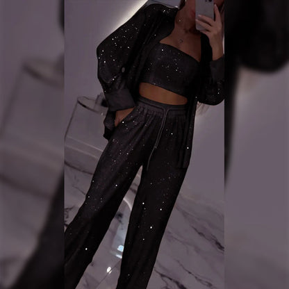 💕Paillettenblazer und weite Hose für Damen (3-teiliges Set)