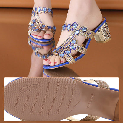 Leichte Damen-Sandaletten mit Strass, Einriemer-Design und Blockabsatz